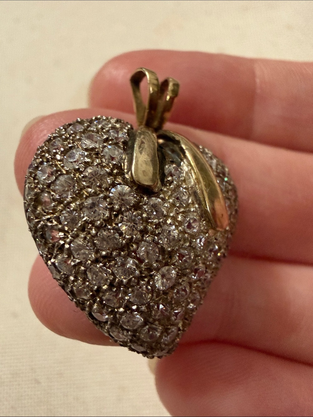 14K (585) & 925 Sterling Silver Strawberry Pendant W/Clear Crystal Pave - Picture 4 of 17